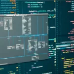 Database schema visualization displayed on a computer screen alongside source code for back-end development and integration testing.