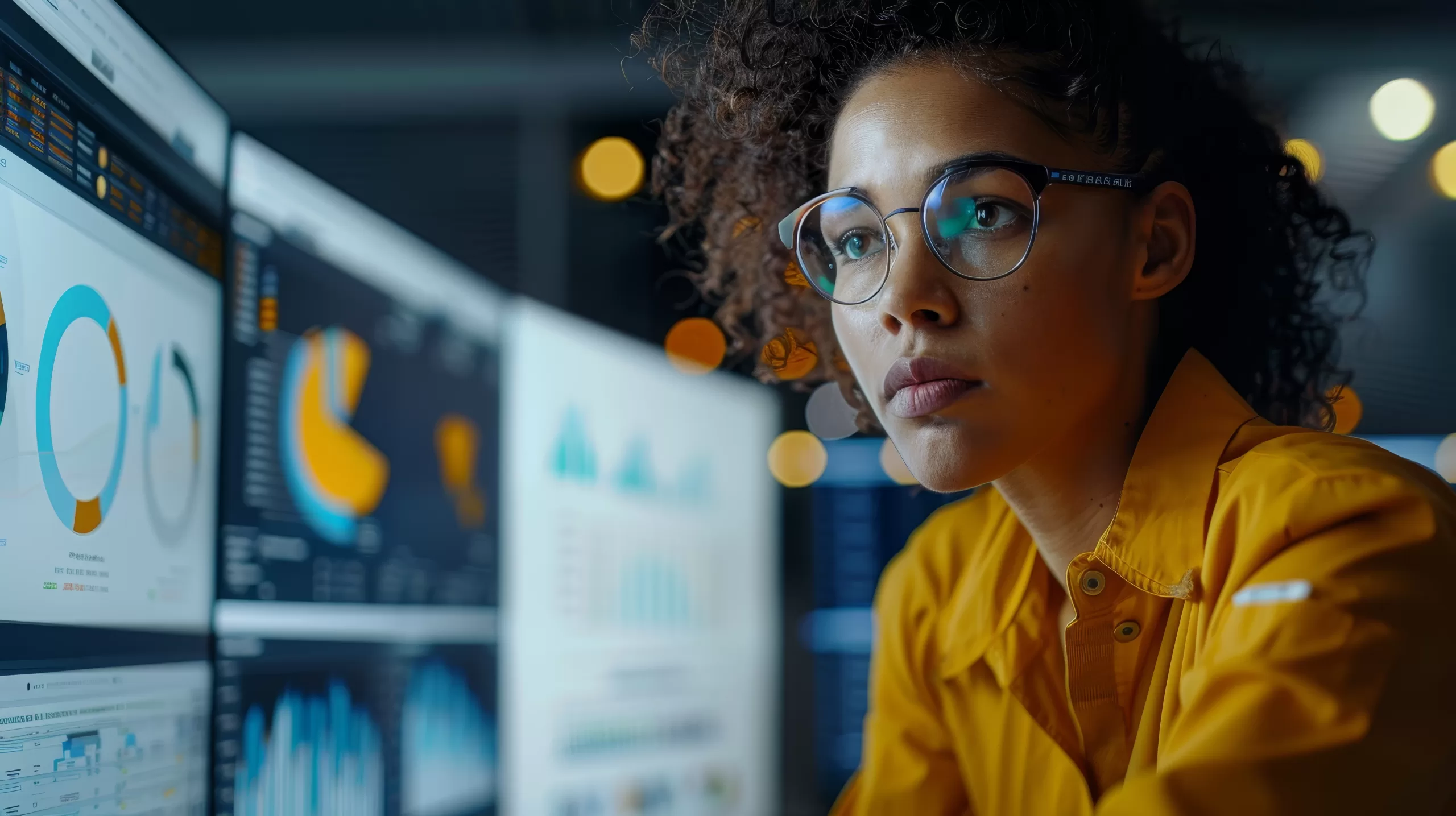 Tech professional reviewing dashboards and metric charts on multiple monitors, focused on data and performance.