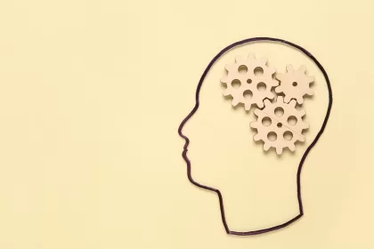 Ilustração minimalista em fundo bege com o contorno de um perfil humano e três engrenagens de madeira posicionadas onde seria o cérebro, simbolizando lógica e processos.