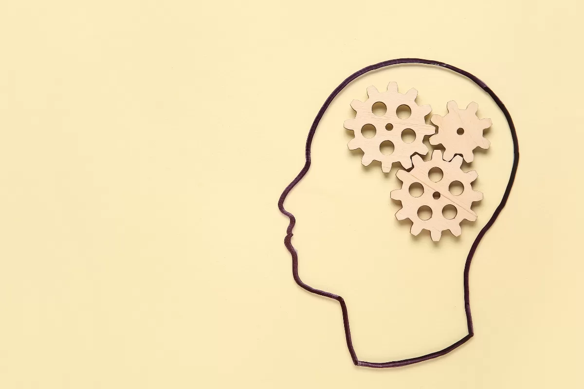 Ilustração minimalista em fundo bege com o contorno de um perfil humano e três engrenagens de madeira posicionadas onde seria o cérebro, simbolizando lógica e processos.