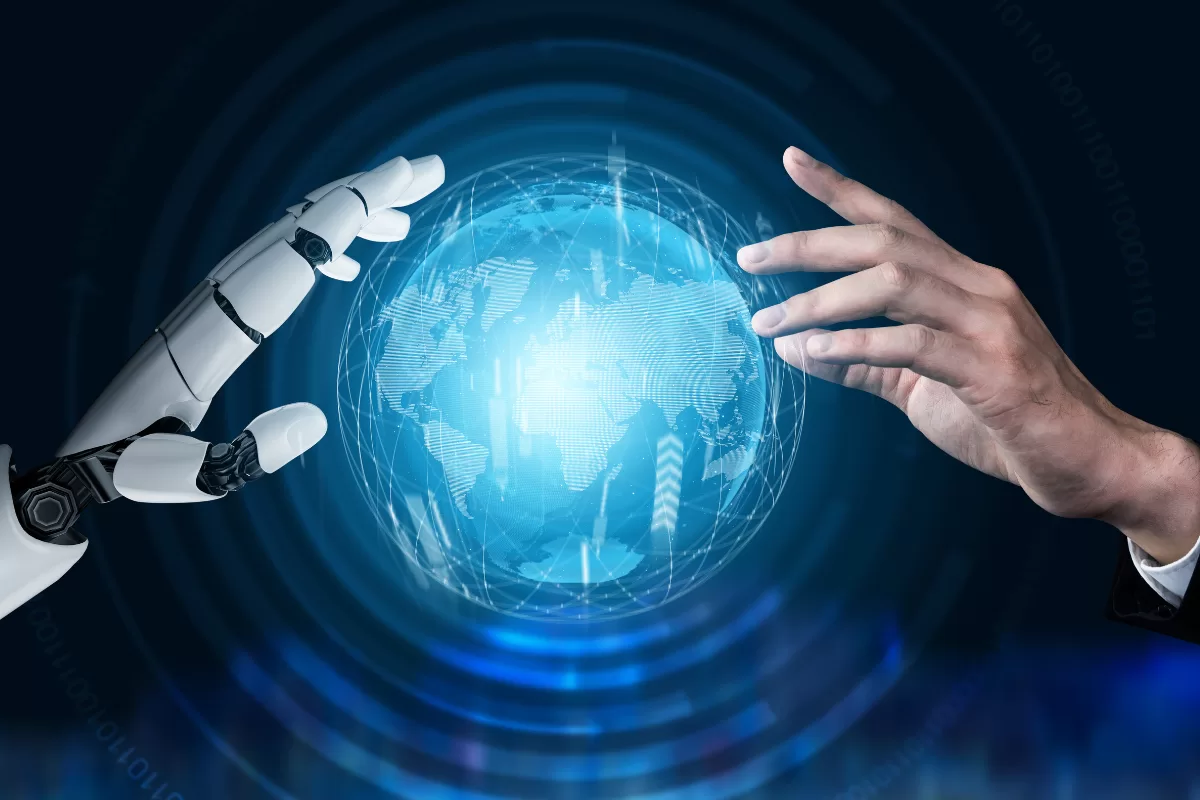 Mão robótica e mão humana tocando um globo digital holográfico representando a integração entre inteligência artificial e automação de testes de software para 2026