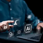 Gestor de TI utilizando plataforma de IA para testes de software, com ícones representando automação, segurança e insights de qualidade